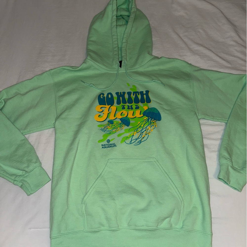 Baltimore Aquarium Mint Green Graphic Hoodie with Colorful Jellyfish Print